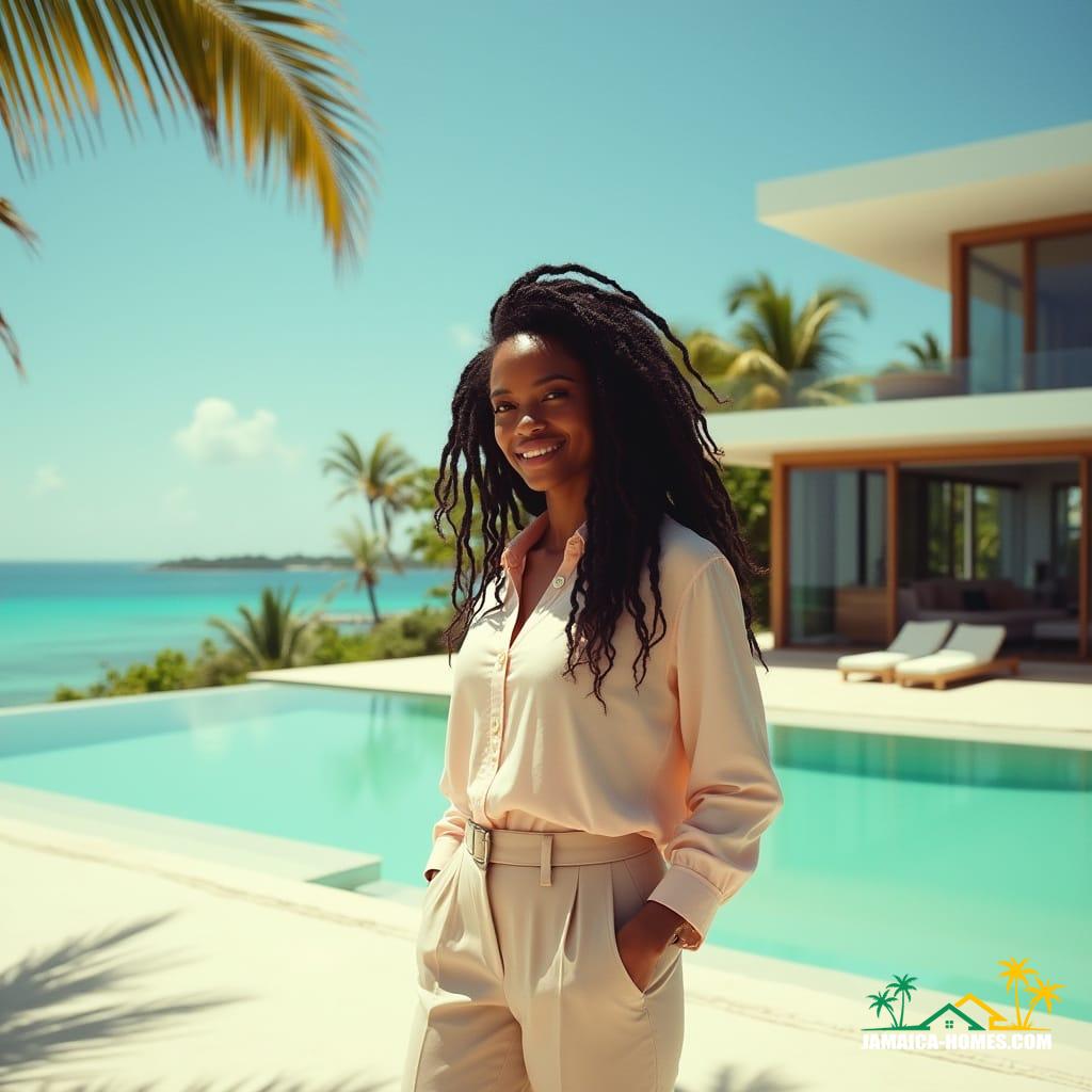 A breathtakingly beautiful, cinematic film still of a mixed-heritage woman, half Caucasian and half Afro-Caribbean, with luscious dreadlocks, standing confidently in front of a sleek, modern villa on a sun-kissed Jamaican beach, surrounded by swaying palm trees and crystal-clear turquoise waters. She is elegantly dressed in a crisp, pastel-colored blouse and tailored pants, exuding an air of sophistication and warmth as she welcomes potential buyers to the open house. The image is shot on 35mm film, utilizing a V-Raptor XL camera, with deliberate film grain and a subtle vignette, adding depth and texture to the scene. The color palette is meticulously graded, with a warm, golden glow that captures the essence of the Caribbean atmosphere. Cinematic lighting casts a dramatic, high-contrast effect, accentuating the subject's striking features and the luxurious villa's clean lines. Inspired by the works of acclaimed cinematographers, Roger Deakins and Emmanuel Lubezki, with a hint of the vibrant, tropical style of Jamaican artist, Osmond Watson, and the stunning, atmospheric quality of photographer, Jimmy Chin.