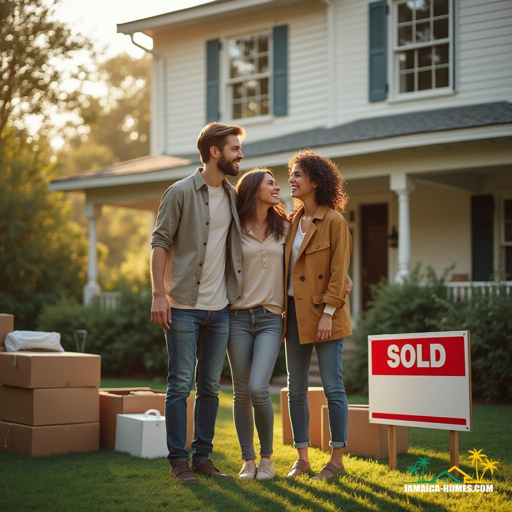 A beautiful, joyful white mixed-race family, smiling and embracing, standing in front of their sold home, surrounded by moving boxes and suitcases, with a "SOLD" sign prominently displayed on the lawn. The family, dressed in casual, upscale clothing, radiates warmth and happiness, as they look forward to their new chapter. The scene is bathed in soft, golden cinematic lighting, with a subtle film grain and vignette, evoking a sense of nostalgia and timelessness. The color palette is rich and vibrant, with a slight warm glow, reminiscent of 35mm film stock. The overall mood is one of epic, emotional, and stunning drama, as if captured by a master filmmaker. Inspired by the works of Emmanuel Lubezki, Roger Deakins, and Hoyte van Hoytema, with a hint of Terrence Malick's poetic realism.