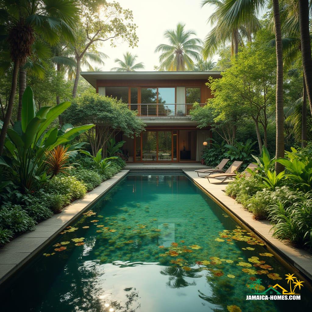 A tranquil modern home surrounded by lush, tropical plants, with a natural swimming pool at its center, showcasing a thriving ecosystem where aquatic plants and biological filters work in harmony to purify the water, in the style of Greg Miller's cinematic landscapes, with the soft, warm light of a summer afternoon, reminiscent of a Terrence Malick film, and the vivid colors of a Christopher Doyle cinematography
