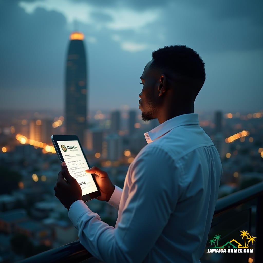 A sleek, futuristic cityscape of Kingston, Jamaica at dusk, with a massive, gleaming skyscraper in the background, symbolizing the intersection of technology and real estate. In the foreground, a close-up of a person's hands, dressed in a crisp, white business shirt, holding a tablet with a blockchain-based property transaction on the screen, as they gaze out at the cityscape, representing the fusion of innovation and tradition. The image is captured in a cinematic film still style, reminiscent of a v-raptor XL camera, with pronounced film grain, subtle vignette, and vibrant color grading, evoking a sense of depth and drama. The lighting is moody and atmospheric, with a warm glow emanating from the tablet screen, casting a golden light on the subject's face, while the cityscape behind is bathed in a cool, blueish hue, accentuating the contrast between old and new. The overall aesthetic is inspired by the works of Syd Mead, Ash Thorp, and Simon Stalenhag, blending sci-fi and realism to create a visually stunning, thought-provoking image.
