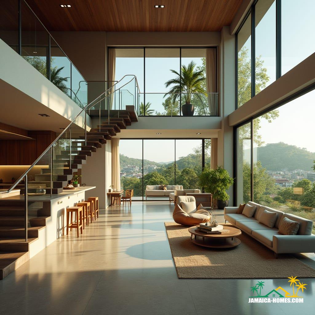 Luxury townhouse living area in Kingston, Jamaica, blending modern and tropical aesthetics, with high ceilings, floor-to-ceiling glass windows, and a floating staircase. Elegantly furnished with a neutral color palette, wooden textures, and soft lighting, featuring a sleek kitchen island with bar seating. The living room opens to a glass balcony with a view of the city, incorporating modern technology, smart home systems, and automated lighting. Cinematic film still, reminiscent of the works of Terrence Malick, shot on 35mm film with a v-raptor XL aesthetic, incorporating film grain, vignette, and a cinematic color grade, evoking the atmospheric and dramatic lighting of a masterfully post-processed image, with the elegance and sophistication of a Wes Anderson film, and the epic grandeur of a Christopher Nolan production.