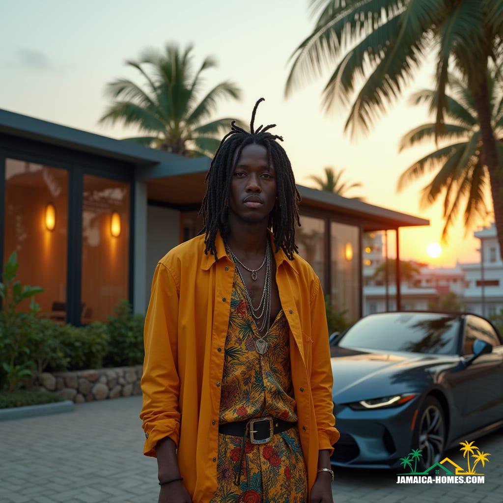 A mixed-race individual with dreadlocks, wearing a stylish outfit with bold, earthy tones, and a hint of Jamaican flair, stands confidently in front of a sleek, modern container home in Kingston, Jamaica. The single-story abode boasts large glass windows, and a striking combination of metal and wooden textures, blending seamlessly into the urban landscape. A luxury car, polished to perfection, is parked in front, adding a touch of sophistication. The background is a vibrant tapestry of urban city buildings, swaying palm trees, and street lights, all bathed in the warm, golden light of the Jamaican sun. Inspired by the cinematic styles of Denis Villeneuve, shot with the grandeur of a 35mm film, and the precision of a v-raptor XL camera, this image is a masterpiece of digital art, with a film grain that adds depth, a vignette that draws the eye, and a color grade that pops with vivid, realistic hues. The atmosphere is epic, the lighting dramatic, and the overall effect is a stunning, live-action still that feels like a moment frozen in time.