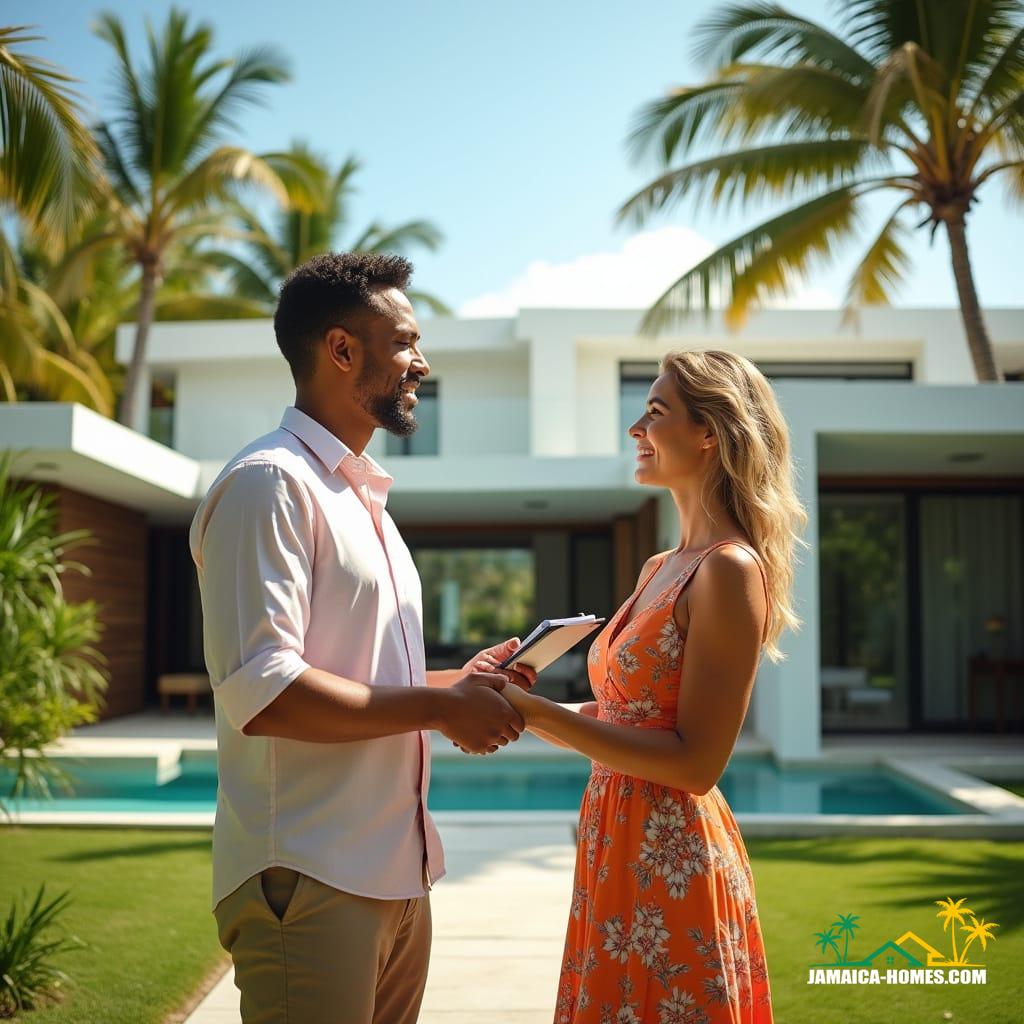 A professional real estate agent, dressed in a crisp, pastel-hued shirt and khaki pants, and a woman client, wearing a bright floral sundress, shaking hands in front of a stunning, modern Caribbean-style house in Jamaica, its white walls and dark wood accents gleaming in the warm, natural light. The house is set amidst a lush, tropical paradise, with towering palm trees swaying gently in the breeze, a brilliant blue sky above, and vibrant greenery bursting forth from every corner. The agent holds a sleek, silver clipboard, while the client exudes satisfaction and confidence, her smile radiant. The atmosphere is one of trust, professionalism, and triumph, capturing the essence of a successful property deal. Inspired by the cinematic styles of Terrence Malick, Alejandro González Iñárritu, and Emmanuel Lubezki, the image features a warm, golden color palette, subtle film grain, and a delicate vignette, evoking the richness and texture of 35mm film. The lighting is dramatic and cinematic, with deep shadows and highlights that add depth and dimensionality to the scene, creating a truly epic, stunning, and atmospheric masterpiece.