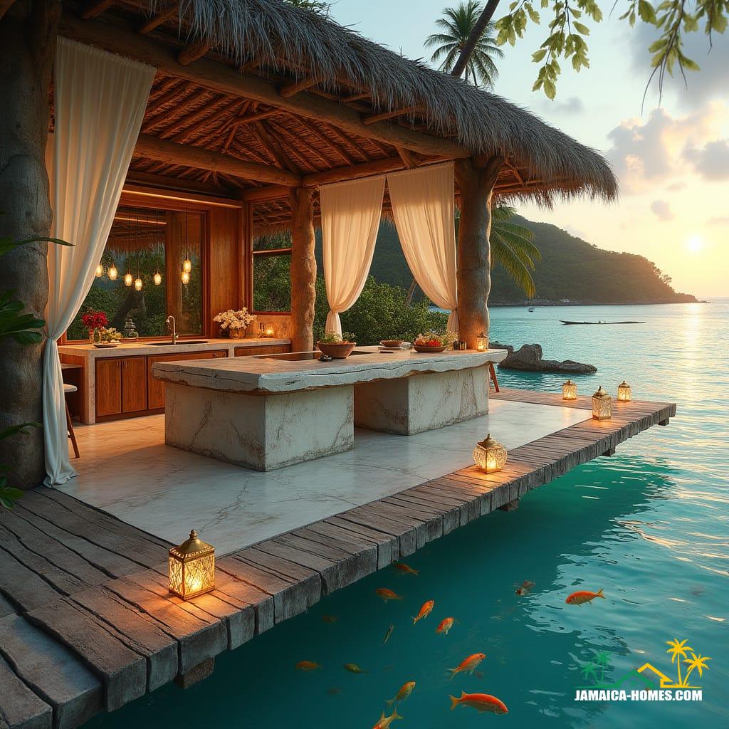 A serene, driftwood-hewn floating kitchen, anchored in the crystalline turquoise waters of Ocho Rios