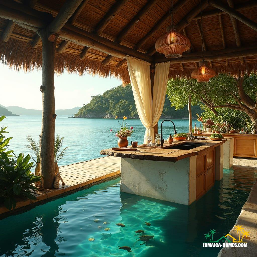 A serene, driftwood-hewn floating kitchen, anchored in the crystalline turquoise waters of Ocho Rios