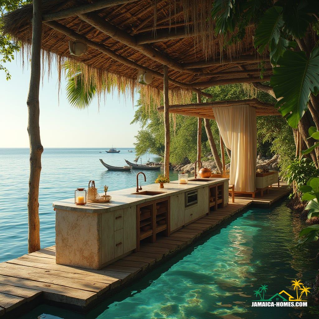 A serene, driftwood-hewn floating kitchen, anchored in the crystalline turquoise waters of Ocho Rios, Jamaica, connected to the pristine white sandy beach by a weathered wooden bridge, adorned with lush tropical flowers and lanterns. The open-air kitchen, crafted from natural materials - polished driftwood, bamboo, and coral stone - blends harmoniously with the tropical environment, featuring a central island carved from raw marble, topped with a live-edge wooden countertop, housing a sleek induction cooktop and copper farmhouse sink. Transparent glass flooring reveals schools of vibrant fish swimming below, while flowing linen curtains sway in the gentle ocean breeze. Solar-powered lanterns and soft ambient lighting create a warm, golden glow at sunset, reminiscent of a Werner Herzog film, shot on 35mm film with a v-raptor XL camera, incorporating film grain, vignette, and color grading, with a cinematic lighting aesthetic, evoking the dreamy, ethereal quality of a Terrence Malick film, infused with the atmospheric, mystical essence of a Hayao Miyazaki animation, resulting in a breathtaking, cinematic masterpiece.