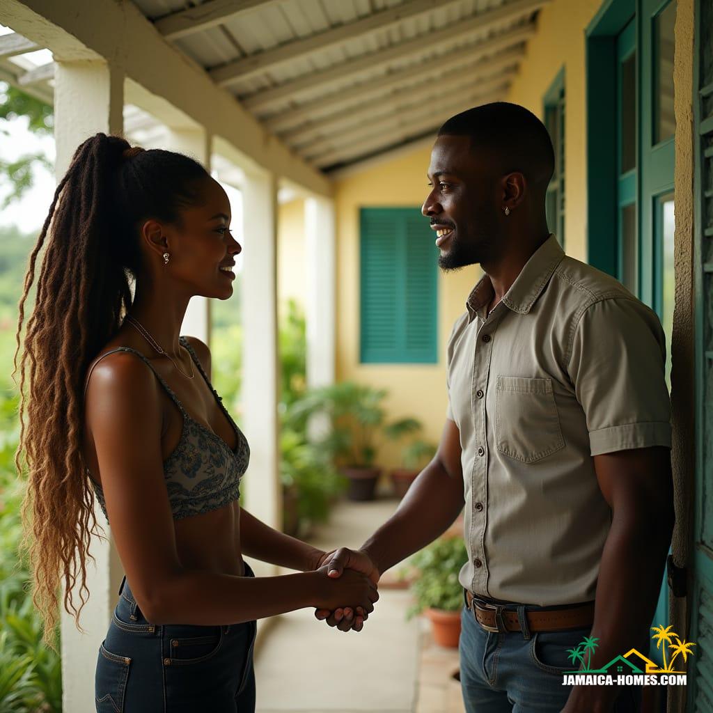 A beautiful, mature couple in Jamaica, deeply in love and passionate about real estate, work together as professional house flippers, negotiating their latest deal. Their mixed-race heritage gives them a warm, sun-kissed complexion—she, with flowing brown dreadlocks, exudes confidence and business acumen, while he, sharp-eyed and strategic, leans in to finalize the details. Their shared dream of buying, renovating, and selling properties across the Caribbean fuels their determination. As they shake hands with a potential buyer, their bond shines through—not just in their partnership, but in their vision for transforming houses into dream homes.