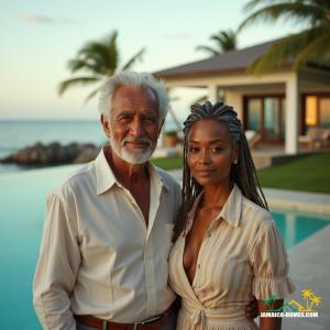 A regal elderly couple stands proudly in front of their luxurious new beachfront villa in Montego Bay, called The Pinnacle of Life. The man has a distinguished, Mediterranean-like appearance with warm brown skin, sharp features, and an air of wisdom. The woman, a striking mixed-race beauty with almost fair skin, wears elegant, slightly graying dreadlocks that cascade over her shoulders. Both exude grace, confidence, and a lifetime of experiences, dressed in refined yet relaxed attire that complements the tropical paradise around them. The background features the stunning turquoise ocean, swaying palm trees, and the sophisticated architecture of their modern villa, blending seamlessly with the natural beauty of the island
