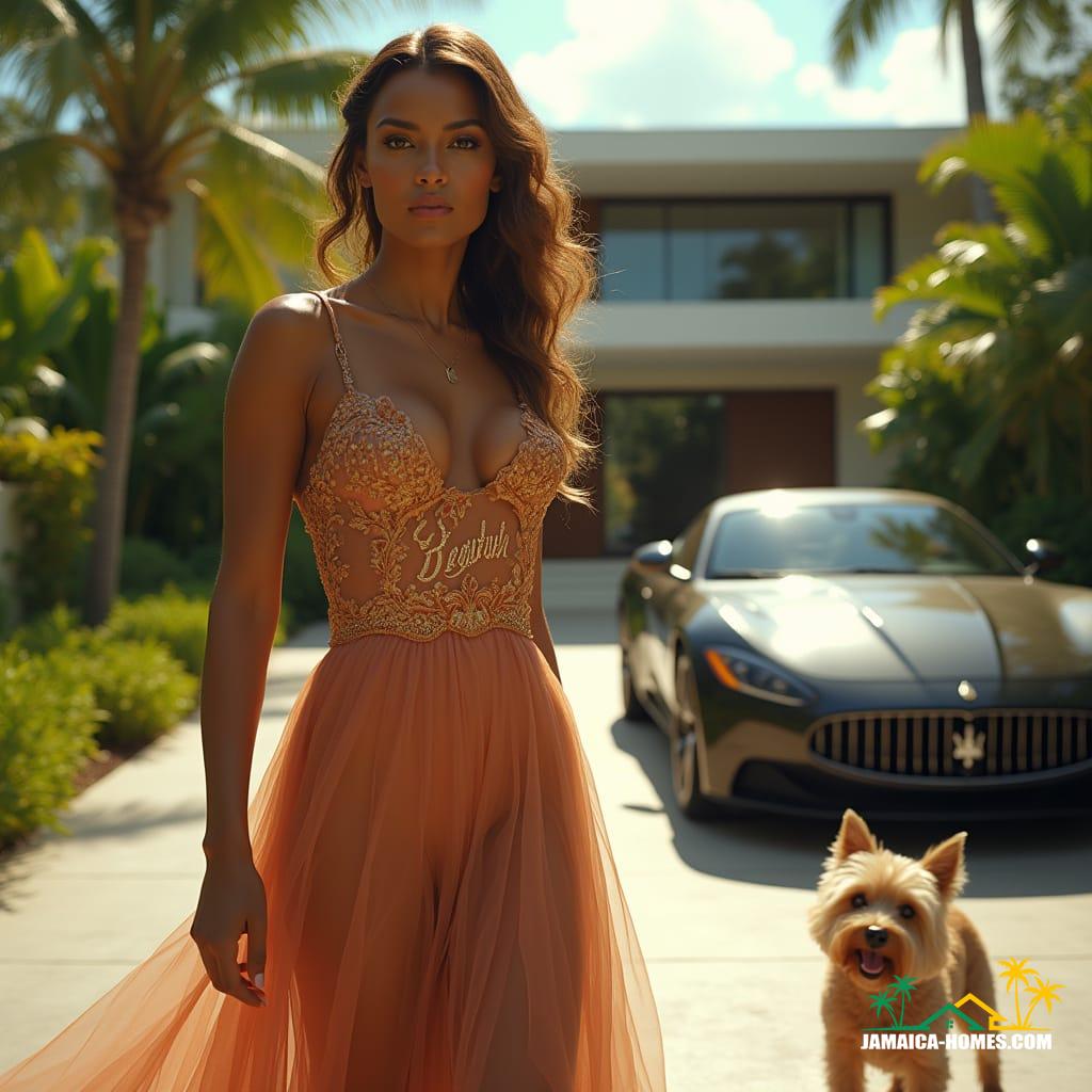 Voluptuous woman with a warm, golden complexion, wearing a stunning, bespoke evening gown with bold, cursive script embroidered on the bodice, "Beautiful" in elegant, swirling letters, standing confidently in front of a modern, luxurious Jamaican villa with a lush, tropical garden, accompanied by a playful, adorable dog, while a sleek, top-of-the-line sports car is parked in the driveway, its polished surface reflecting the vibrant Caribbean sunlight, shot on location in Jamaica, with a cinematic, filmic aesthetic, reminiscent of the works of Spike Lee, Sofia Coppola, and Ava DuVernay, incorporating the warm, golden tones and lush textures of 35mm film, with subtle film grain, a soft vignette, and a rich, cinematic color palette, graded to evoke the atmospheric, sun-kissed beauty of the Caribbean, post-processed to enhance the dramatic, epic feel of the image.