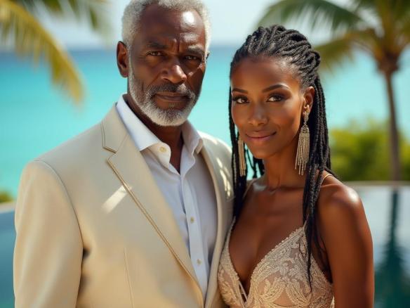 A stately elderly couple, radiating refinement and poise, stands proudly before their sleek, modern beachfront villa, The Pinnacle of Life, in Montego Bay. The distinguished gentleman, with warm, sun-kissed skin and sharp, angular features, exudes an air of wisdom and life experience. His elegant attire, perfectly suited to the tropical setting, complements the refined beauty of the woman beside him. She, a stunning mixed-race beauty with porcelain-like skin and luscious, slightly graying dreadlocks cascading over her shoulders, embodies confidence and poise. Together, they command the frame, set against a breathtaking backdrop of turquoise ocean, swaying palm trees, and sophisticated villa architecture. Influenced by the cinematic styles of Roger Deakins, Emmanuel Lubezki, and Hoyte van Hoytema, this image features rich, cinematic lighting, subtle film grain, and a vignette, evoking the warmth and depth of 35mm film. Color graded to perfection, with a blend of natural and golden tones, this live-action still is a masterpiece of atmospheric, epic storytelling.