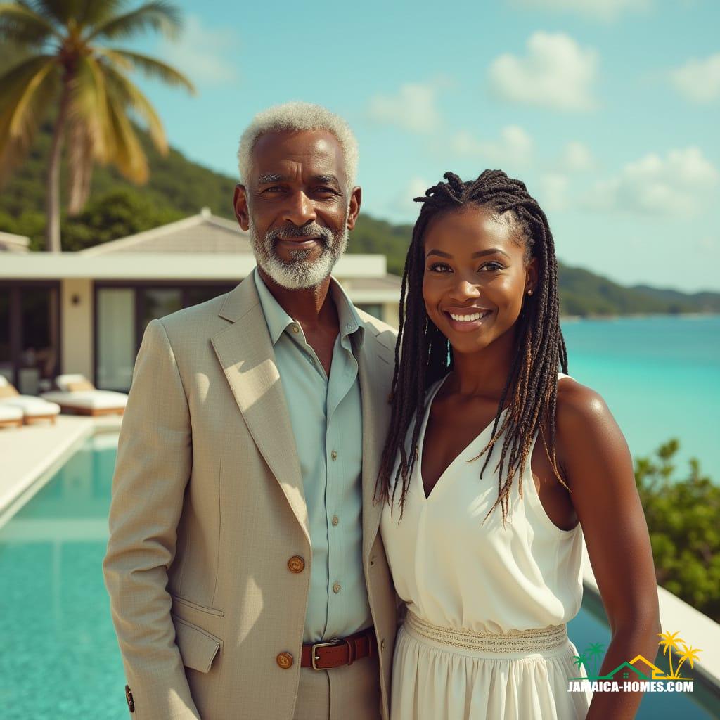 A stately elderly couple, radiating refinement and poise, stands proudly before their sleek, modern beachfront villa, The Pinnacle of Life, in Montego Bay. The distinguished gentleman, with warm, sun-kissed skin and sharp, angular features, exudes an air of wisdom and life experience. His elegant attire, perfectly suited to the tropical setting, complements the refined beauty of the woman beside him. She, a stunning mixed-race beauty with porcelain-like skin and luscious, slightly graying dreadlocks cascading over her shoulders, embodies confidence and poise. Together, they command the frame, set against a breathtaking backdrop of turquoise ocean, swaying palm trees, and sophisticated villa architecture. Influenced by the cinematic styles of Roger Deakins, Emmanuel Lubezki, and Hoyte van Hoytema, this image features rich, cinematic lighting, subtle film grain, and a vignette, evoking the warmth and depth of 35mm film. Color graded to perfection, with a blend of natural and golden tones, this live-action still is a masterpiece of atmospheric, epic storytelling.