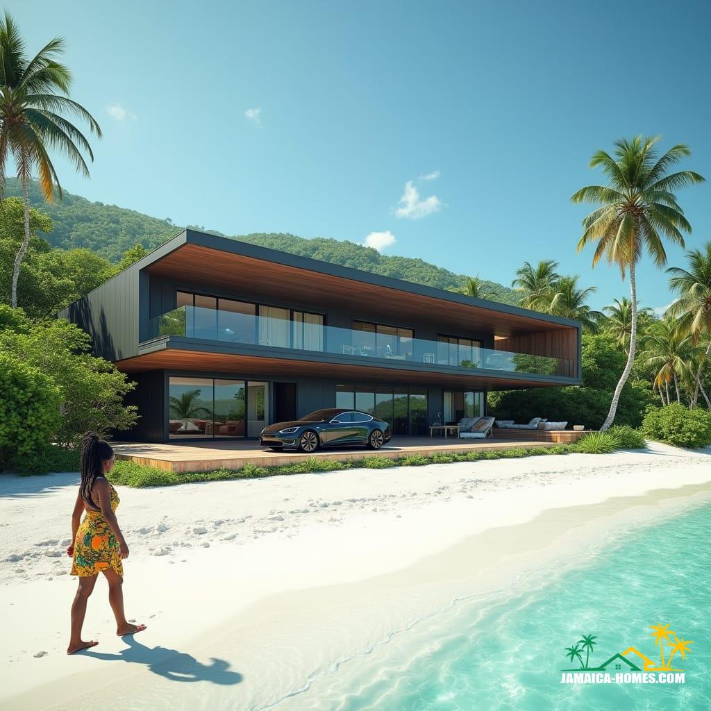 A stunning, single-story container home on Jamaica's North Coast, with sleek, modern lines and a metallic sheen, set amidst lush greenery and turquoise ocean views. The open-plan design and floor-to-ceiling windows seamlessly blend indoor and outdoor spaces, while a spacious deck beckons relaxation. A sleek, black Tesla Model S, with tinted windows and a gleaming finish, is parked near the entrance. In the foreground, a beautiful Jamaican woman with dreadlocks and a bright, colorful summer dress, walks serenely along the pristine white sand beach, her gaze lost in the horizon. Clear blue skies, with a few wispy clouds, complement the vibrant tropical setting. 