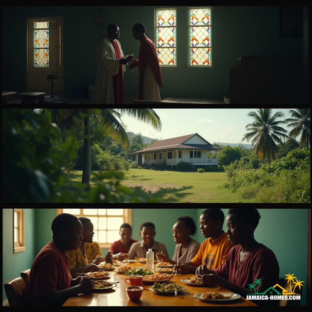 A cinematic film still of Ash Wednesday in Jamaica, shot on a V-Raptor XL camera, with a cinematic 35mm film aesthetic, subtle film grain, and a vignette effect, color graded to evoke a sense of warmth and spirituality. The image is a triptych, featuring three interconnected scenes: (1) A priest, clad in traditional vestments, applies ashes to a worshipper's forehead in a dimly lit church, soft light filtering through vibrant stained-glass windows, casting kaleidoscopic patterns on the stone floor; (2) A Jamaican family, dressed in modest yet colorful attire, gathers around a wooden table, sharing a hearty meal of saltfish, callaloo, and boiled ground provisions, their faces aglow with warm, inviting expressions; (3) A serene countryside setting, with a cozy vacation home nestled among lush greenery, palm trees swaying gently in the breeze, and a few wispy clouds drifting lazily across the sky. Inspired by the works of Terrence Malick, Roger Deakins, and Bradford Young, the image exudes a sense of cinematic grandeur, with dramatic lighting, rich textures, and an epic atmosphere, capturing the spiritual and communal essence of Ash Wednesday in Jamaica.