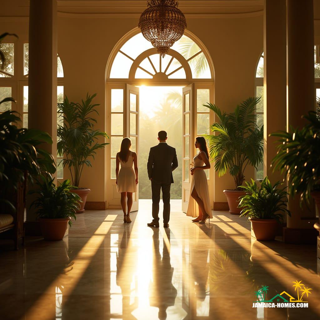 Elegant real estate agents, impeccably dressed in tropical attire, standing in the grand foyer of a luxurious Jamaican stately house, surrounded by lush Caribbean greenery, warmly lit by the golden glow of afternoon sunlight streaming through the large windows, casting long shadows and emphasizing the opulent architectural details, as they prepare for an open house, amidst the faint scent of blooming hibiscus and the distant sound of reggae music, cinematic lighting emphasizing the drama of the scene, with a hint of film grain and vignette, evoking the feeling of a 35mm film still, shot on a v-raptor XL, with a color grade that amplifies the vivid colors of the Caribbean, in the style of Terrence Malick, with the atmospheric depth of a David Lean epic, and the stunning visuals of a James Cameron masterpiece.