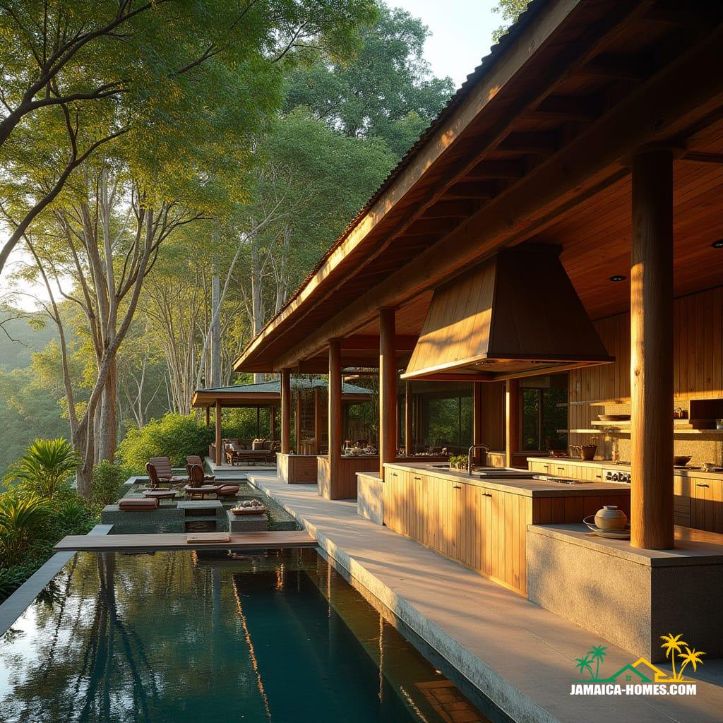 An ultra-luxurious outdoor kitchen, crafted from rich teak and mahogany, seamlessly integrated into a multimillion-pound off-the-grid wooden estate, nestled in the lush green mountains of Jamaica