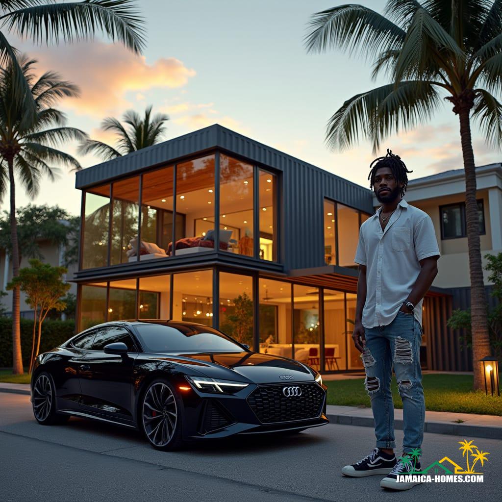 A modern, single-story container home in Kingston, Jamaica, with sleek, minimalist design, large glass windows, and a mix of metal and wooden textures, set against a vibrant urban backdrop of city buildings, swaying palm trees, and warm street lights. A luxury car, a sleek black Audi, is parked in front, reflecting the warm glow of the setting sun. A mixed-race person with dreadlocks, wearing casual yet fashionable attire, including a crisp white shirt and distressed denim jeans, stands confidently in front of the home, exuding a sense of relaxed sophistication. Inspired by the cinematic styles of Roger Deakins, Emmanuel Lubezki, and Ryan Coogler, the image features a realistic, high-contrast aesthetic, with vibrant colors and a subtle film grain, reminiscent of 35mm film. The lighting is dramatic and cinematic, with deep shadows and warm highlights, evoking a sense of depth and atmosphere. The overall mood is one of urban luxury, blended with a laid-back, Caribbean vibe, captured in exquisite detail, with a cinematic flair.