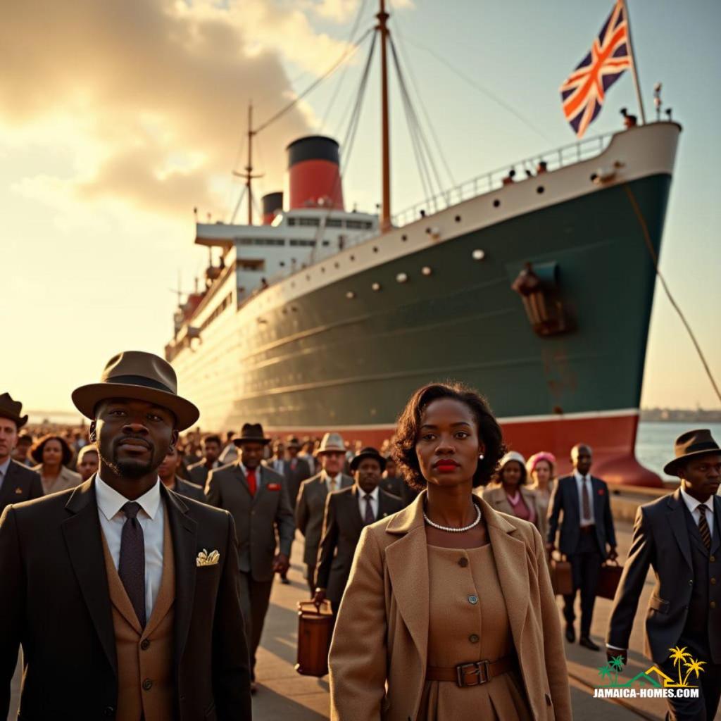 Historical HMT Empire Windrush ship arriving in Britain, 1940s, warm sunlight casting long shadows, clear blue skies, calm waters, reflecting the optimism of the era. Black Jamaican passengers, dressed in authentic attire, bustling on deck: men in suits, fedoras, and trilbies, some holding vintage suitcases, others wearing casual work clothing; women in modest, knee-length dresses, headscarves, and pearl necklaces, exuding hope, curiosity, and pride. The ship's massive structure towers behind, 'Windrush' emblazoned on its side in bold, Art Deco lettering. Inspired by the cinematography of Roger Deakins, influenced by the vibrant colors of Gordon Parks, and the poignant realism of Malick Sidibé, with a touch of classical Hollywood grandeur.