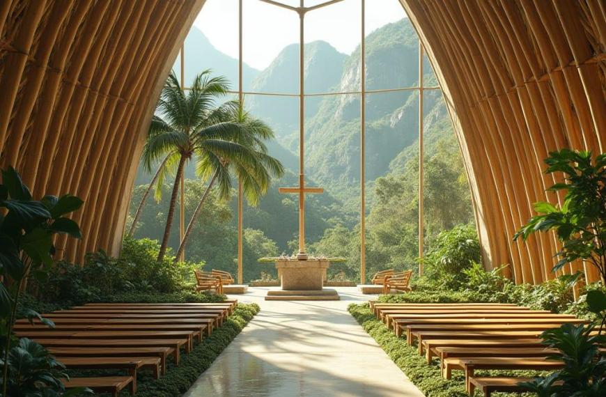 كنيسة خلابة صديقة للبيئة في جامايكا، مصممة بمواد مستدامة كالخيزران والخشب المُعاد تدويره والحجر الجيري الطبيعي. يمزج تصميمها المعماري بين البساطة العصرية والتصميم الاستوائي، وتتميز بجدران مفتوحة تسمح بالتهوية الطبيعية، وسقف أخضر مُغطى بنباتات وارفة، وألواح شمسية مُدمجة بسلاسة في الهيكل. تُحيط الجدران الزجاجية الكبيرة بإطلالات خلابة على أشجار النخيل والجبال وسماء الكاريبي، بينما ترمز أنظمة تجميع مياه الأمطار وبرك الانعكاس إلى النقاء والتجديد. يُضاء المذبح بأشعة الشمس الطبيعية المتدفقة عبر المناور، مما يخلق جوًا هادئًا وروحانيًا. تصميم بيئي مستقبلي فائق الدقة، تحفة معمارية مستدامة، وإضاءة سينمائية.