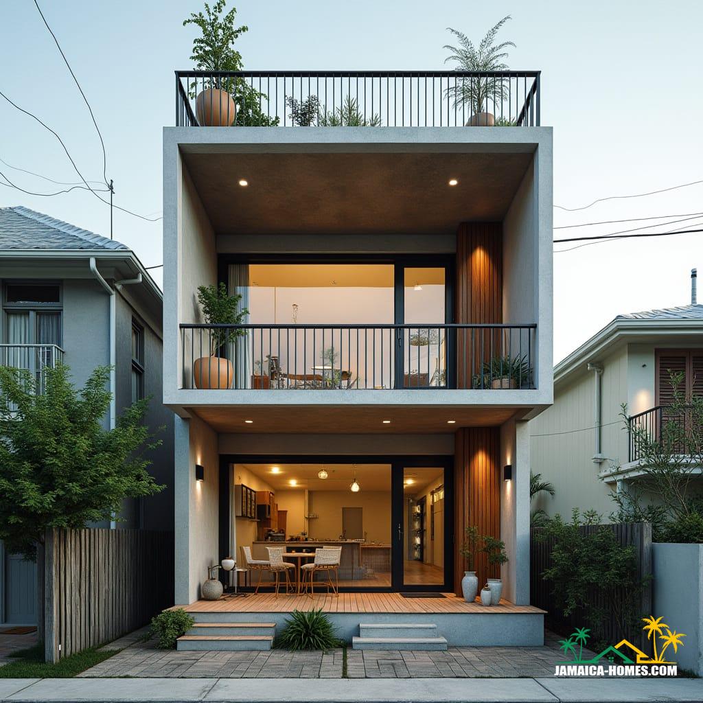 Spanish Town Compact Duplex
Design: Two 20-ft modules stacked for a two-story mini duplex, shared roof terrace.
Materials: Concrete, steel frame, tempered glass, timber accents.
Features: Solar panels, narrow windows to reduce heat, small rooftop garden, compact staircase.
Environment: Urban lot, neighboring houses close by, bright tropical sun.
Style Notes: Functional, modern, practical for city lot, hurricane-resistant.