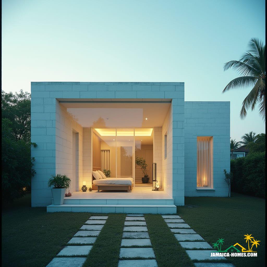  A modern, untraditional square home with a flat roof, constructed with glass bricks, situated in Jamaica. The interior features a bright, white aesthetic. Cinematic film still, shot on v-raptor XL, with visible film grain and a subtle vignette. The image is meticulously color graded and post-processed, featuring dramatic cinematic lighting and the rich texture of 35mm film. This high-quality, atmospheric masterpiece evokes an epic and stunning live-action scene.