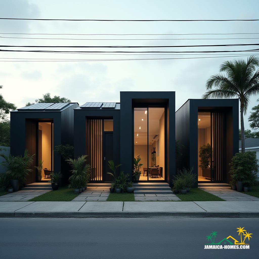 A row of four sleek, modern, minimalist one-story mini homes joined side by side on a Kingston residential street.