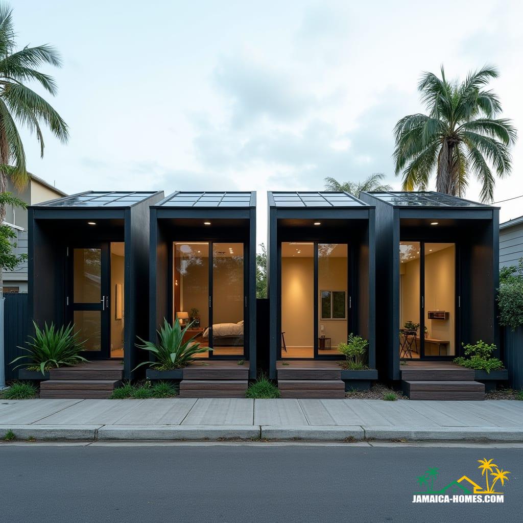 A row of four sleek, modern, minimalist one-story mini homes joined side by side on a Kingston residential street.
