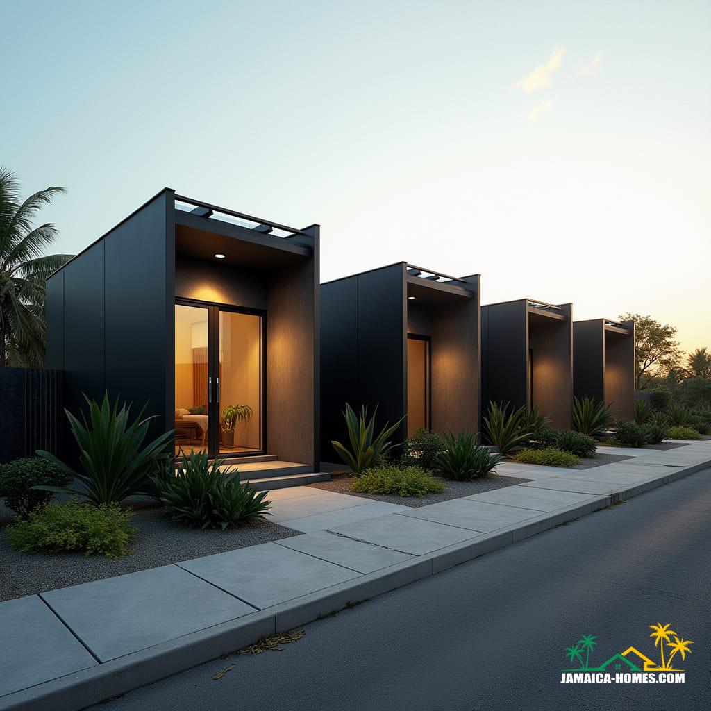 A row of four sleek, modern, minimalist one-story mini homes joined side by side on a Kingston residential street.
