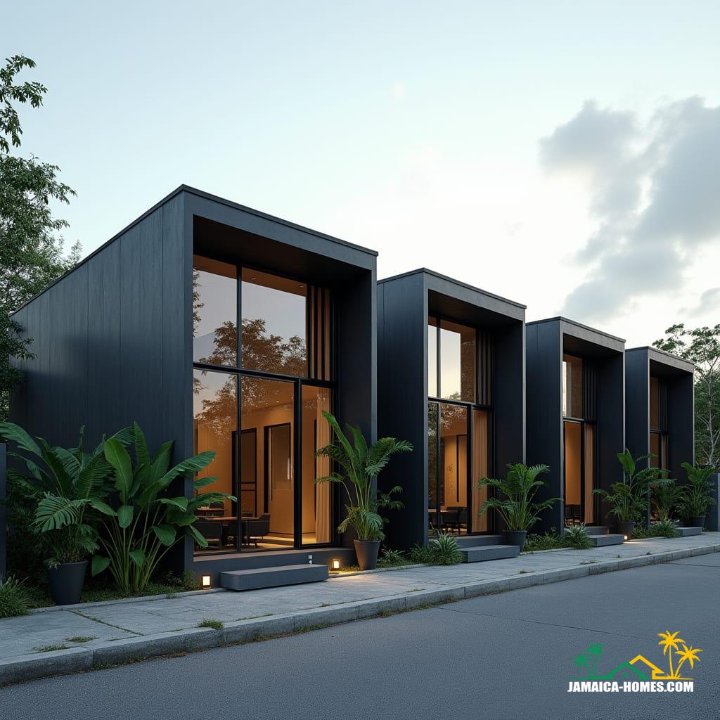 A row of four sleek, modern, minimalist one-story mini homes joined side by side on a Kingston residential street.