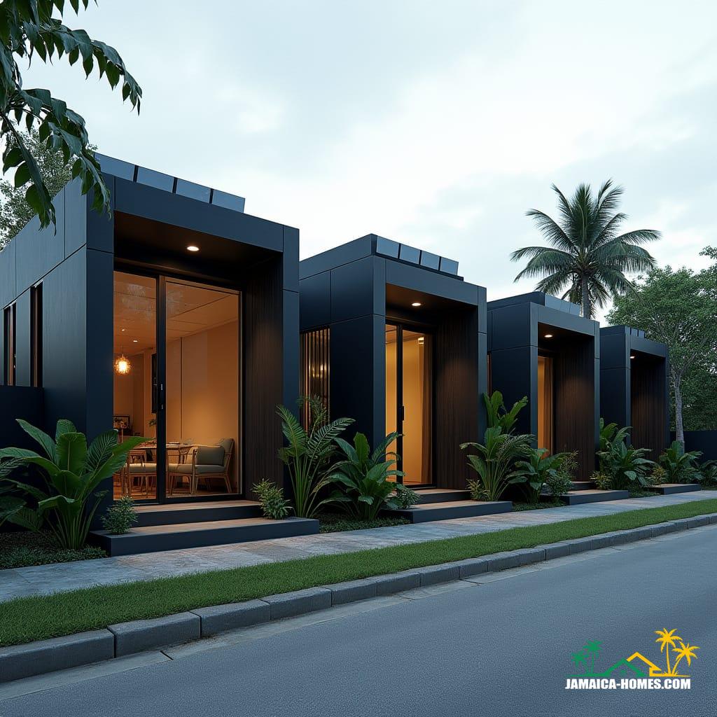A row of four sleek, modern, minimalist one-story mini homes joined side by side on a Kingston residential street.