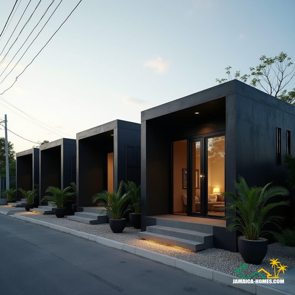A row of four sleek, modern, minimalist one-story mini homes joined side by side on a Kingston residential street.