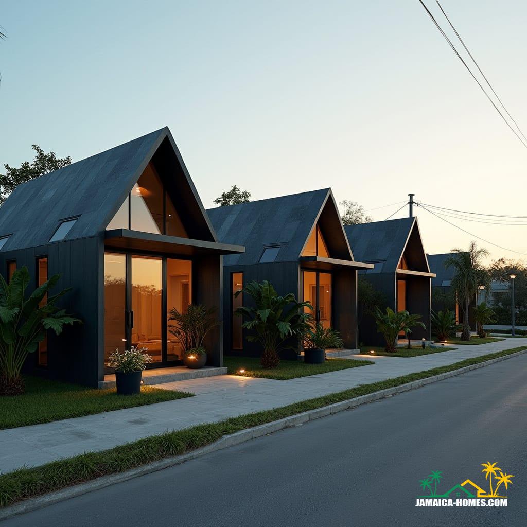 A row of four sleek, modern, minimalist one-story mini homes joined side by side on a Kingston residential street.