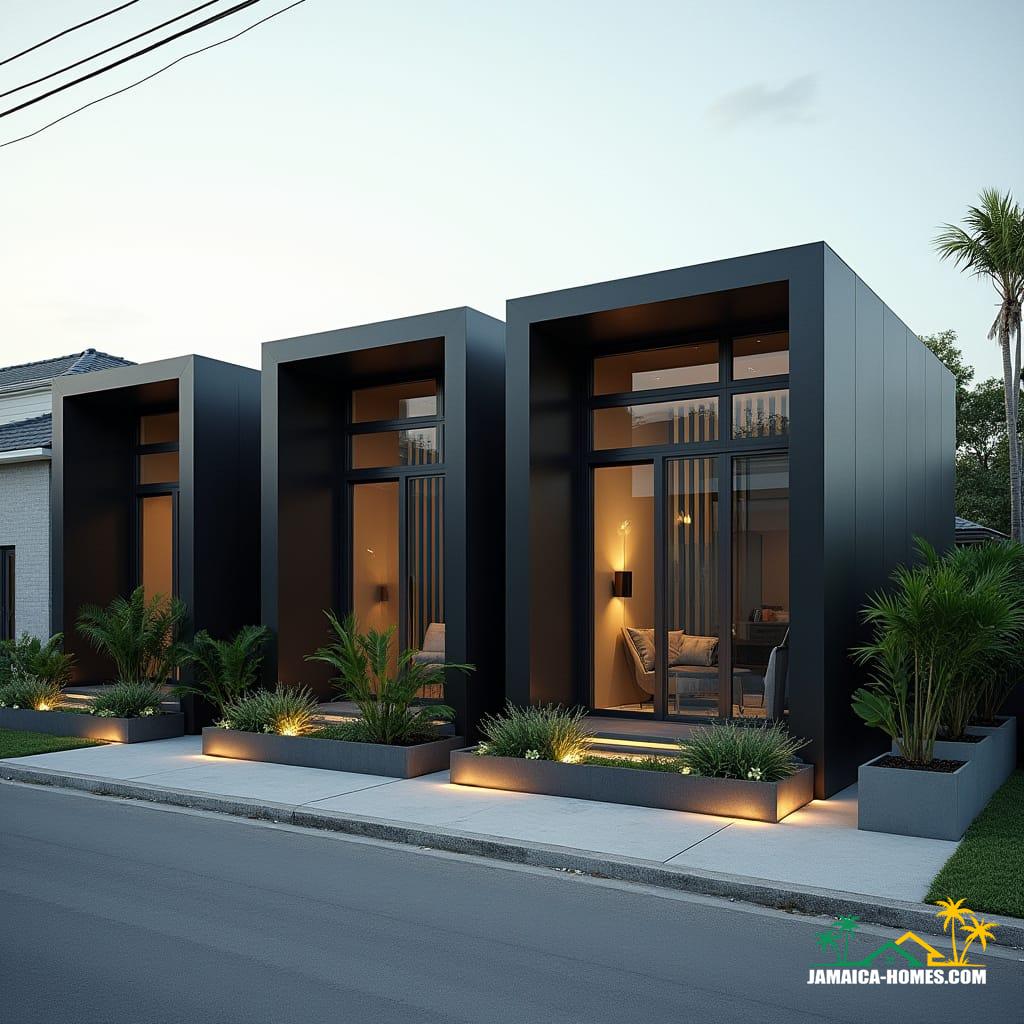 A row of four sleek, modern, minimalist one-story mini homes joined side by side on a Kingston residential street.