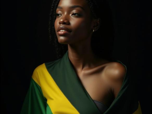 A beautiful woman wearing the Jamaican flag, set against a stark black background. Cinematic film still, shot on v-raptor XL, with noticeable film grain and a subtle vignette. The image is color graded and post-processed for a polished look, illuminated by dramatic cinematic lighting and captured on 35mm film for a live-action feel. It exudes atmospheric quality, aiming for the best quality, epic, stunning, and masterful result.