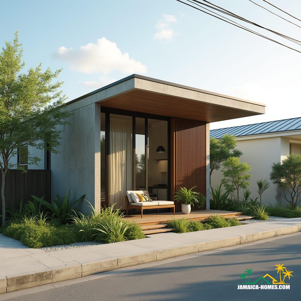 Kingston Minimalist Micro Home
Design: Single 20-ft module with front timber pergola and small patio.
Materials: Concrete, steel, glass, timber for outdoor area.
Features: Rainwater harvesting, solar panels, thin vertical windows, ventilated roof.
Environment: Small urban lot, paved streets, tropical sunlight.
Style Notes: Compact, ultra-modern, sustainable, cozy but stylish.