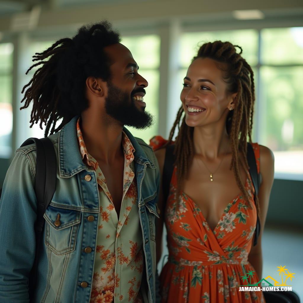 Couple arriving in Jamaica, capturing the joy and emotion of coming home.