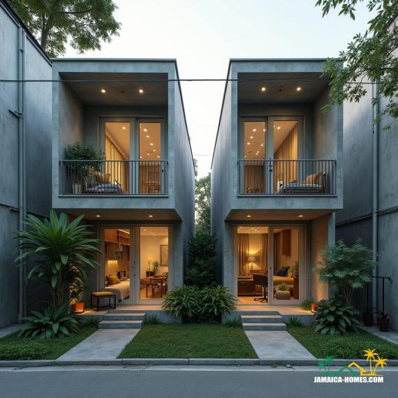 Twin Modular Urban Home Design: Two 20-ft concrete modules side by side with shared narrow porch. Materials: Concrete, steel, glass, timber accents. Features: Solar panels, ventilated roof, cross-ventilation, narrow garden strip at front. Environment: Dense city lot, neighboring buildings close by, small tropical plants in front. Style Notes: Modern, practical, functional for small urban family or rental.