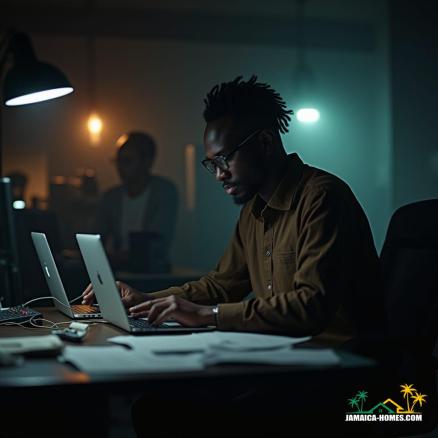 Jamaican data analyst, focused on computer screens, in a dimly lit room, cinematic film still