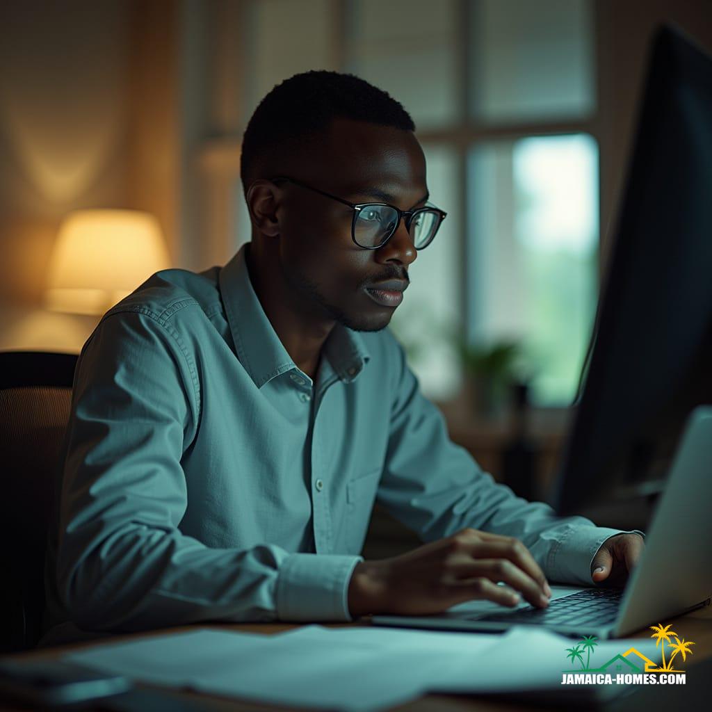 Jamaican data analyst, focused on computer screens, in a dimly lit room, cinematic film still