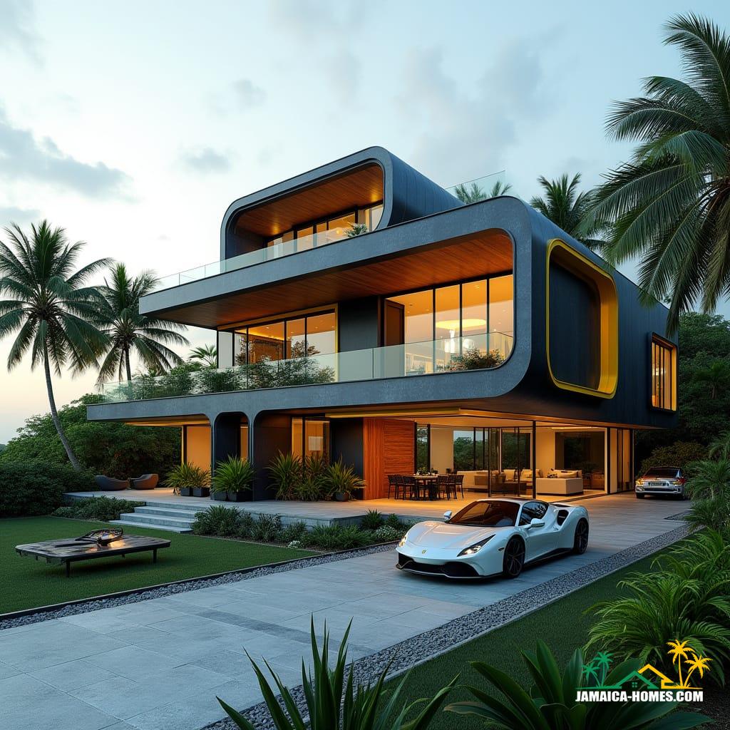 A jaw-dropping, buildable modern Jamaican home in the Caribbean, featuring a bold new style that blends tropical modernism with futuristic geometric forms. Floating terraces, cantilevered sections, and curved rooflines define the structure. Exterior materials include sleek black concrete, polished cement, and natural wood, accented with vibrant Jamaican colors—green, yellow, and black—on panels and trims. Large glass walls and floor-to-ceiling windows maximize natural light and ocean views. Lush tropical landscaping with palm trees surrounds the home, and a luxury car is parked on a stylish driveway. Shot on v-raptor XL with 35mm film grain and a cinematic color grade, this ultra-realistic rendering uses post-processed cinematic lighting, a slight vignette, and high detail to create an atmospheric, masterpiece quality image with an unmistakably Caribbean vibe.