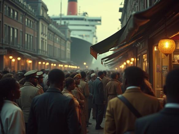 Cinematic film still, shot on v-raptor XL, 35mm film, showing a diverse group of British citizens of Caribbean descent gathered around a memorial planting a tree for the 75th anniversary of the Empire Windrush. Bureaucracy and bureaucracy are depicted through faint, out-of-focus tax forms in the background. Dramatic, atmospheric, cinematic lighting with a hint of golden hour glow, color graded, post-processed, film grain, vignette, best quality, a masterpiece, epic, stunning, live-action.