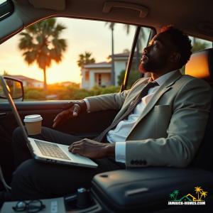 ደከመው ጃማይካዊ ወንድ ሪልቶር፣ የሚያምር ልብስ ለብሶ፣ መኪናው ውስጥ ተቀምጦ፣ በሪል እስቴት ሰነዶች፣ ላፕቶፕ ቦርሳ፣ እና ስልክ፣ የቡና ስኒ፣ ማህደር እና ቁልፎች ተበታትነው፣ ሞቅ ያለ የጸሀይ ብርሀን ሲኒማ ብርሃን እየፈነጠቀ፣ ውጪ፣ ዘመናዊ የካሪቢያን ስታይል ቤት በዘንባባ የሚወዛወዙ፣ በሲኒማ ቀለም የተተኮሰ፣ በሲኒማ ቀለም የተኩስ እንደ ግሪጎሪ ክሪድሰን፣ ስቲቭ ማኩሪ እና ማርቲን ሾለር ያሉ ፎቶግራፍ አንሺዎችን የሚያስታውስ፣ ባለ 35 ሚሜ የፊልም ውበት ያለው።