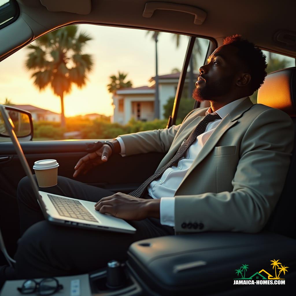 A weary Jamaican male realtor, dressed in stylish attire, sits in his car, surrounded by real estate documents, a laptop bag, and a phone, with a coffee cup, folders, and keys scattered around, warm tropical sunlight casting a cinematic glow, outside, a modern Caribbean-style house with swaying palm trees, shot in a cinematic style, with film grain, vignette, and color grading, reminiscent of photographers like Gregory Crewdson, Steve McCurry, and Martin Schoeller, with a 35mm film aesthetic.