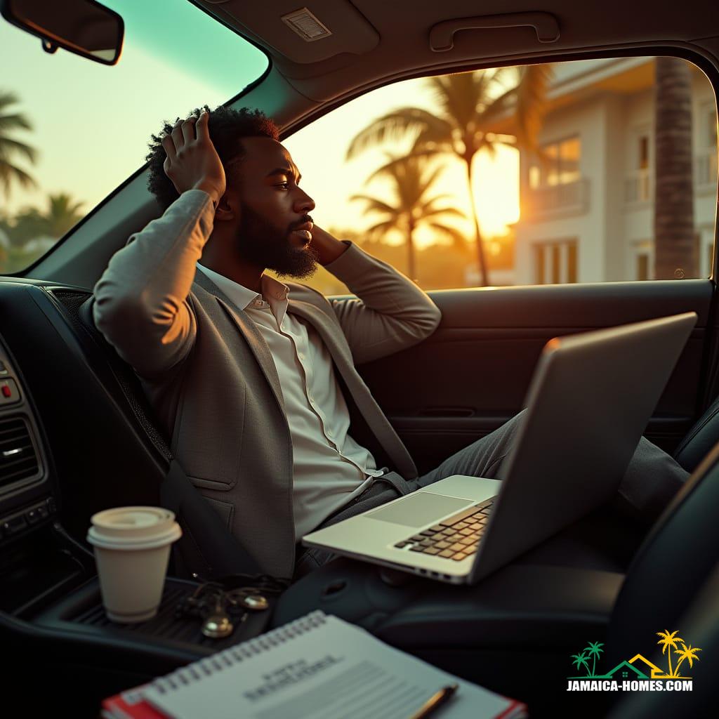 A weary Jamaican male realtor, dressed in stylish attire, sits in his car, surrounded by real estate documents, a laptop bag, and a phone, with a coffee cup, folders, and keys scattered around, warm tropical sunlight casting a cinematic glow, outside, a modern Caribbean-style house with swaying palm trees, shot in a cinematic style, with film grain, vignette, and color grading, reminiscent of photographers like Gregory Crewdson, Steve McCurry, and Martin Schoeller, with a 35mm film aesthetic.
