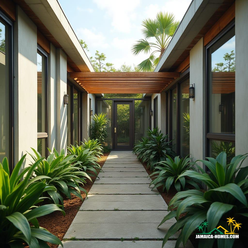 Montego Bay Courtyard Mini Home
Design: Two 20-ft modules forming a narrow courtyard to maximize light.
Materials: Concrete, steel, glass sliding doors, timber pergola over courtyard.
Features: Solar panels, cross-ventilation, rainwater collection, slim vertical windows.
Environment: Small city lot, neighboring homes on either side, tropical greenery in courtyard.
Style Notes: Modern, airy, functional for dense urban environment.