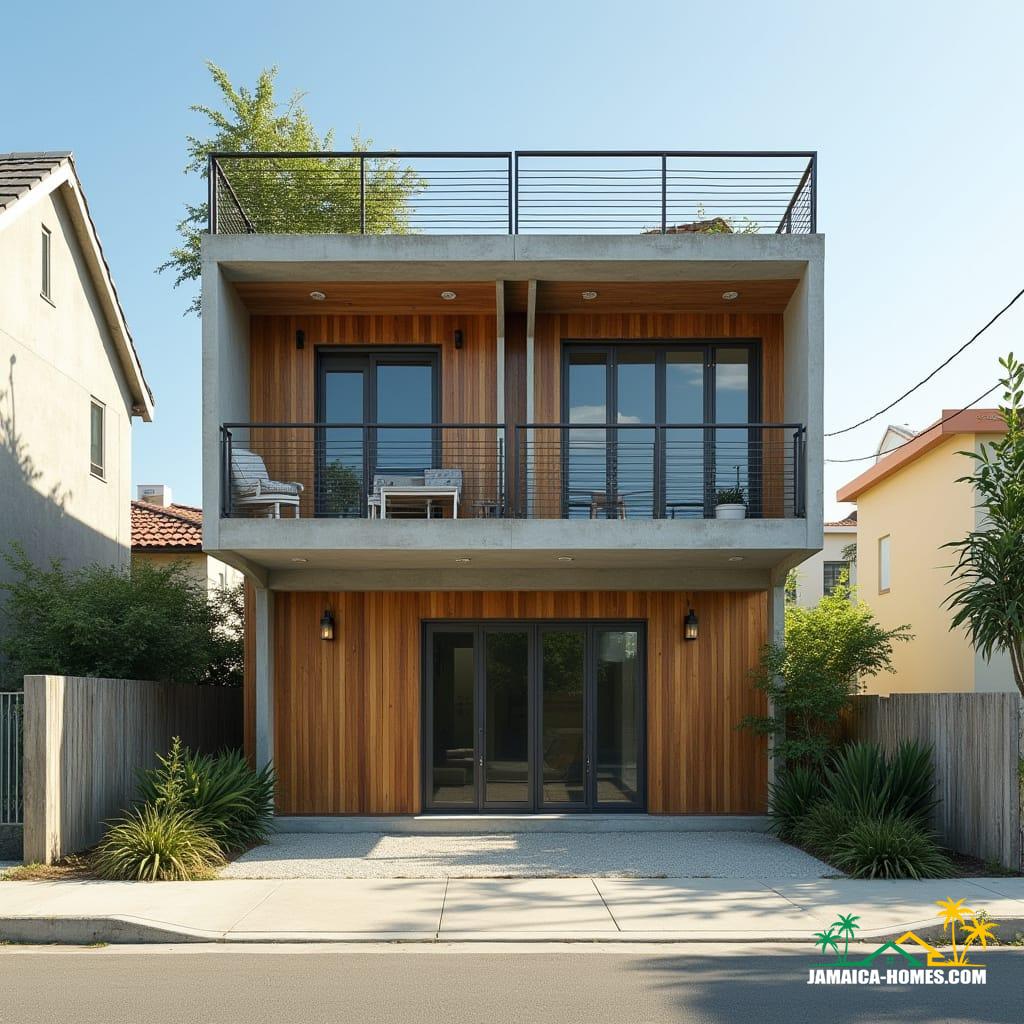 Spanish Town Compact Duplex
Design: Two 20-ft modules stacked for a two-story mini duplex, shared roof terrace.
Materials: Concrete, steel frame, tempered glass, timber accents.
Features: Solar panels, narrow windows to reduce heat, small rooftop garden, compact staircase.
Environment: Urban lot, neighboring houses close by, bright tropical sun.
Style Notes: Functional, modern, practical for city lot, hurricane-resistant.