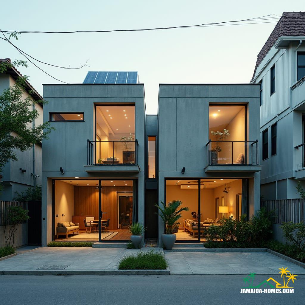 Twin Modular Urban Home
Design: Two 20-ft concrete modules side by side with shared narrow porch.
Materials: Concrete, steel, glass, timber accents.
Features: Solar panels, ventilated roof, cross-ventilation, narrow garden strip at front.
Environment: Dense city lot, neighboring buildings close by, small tropical plants in front.
Style Notes: Modern, practical, functional for small urban family or rental.