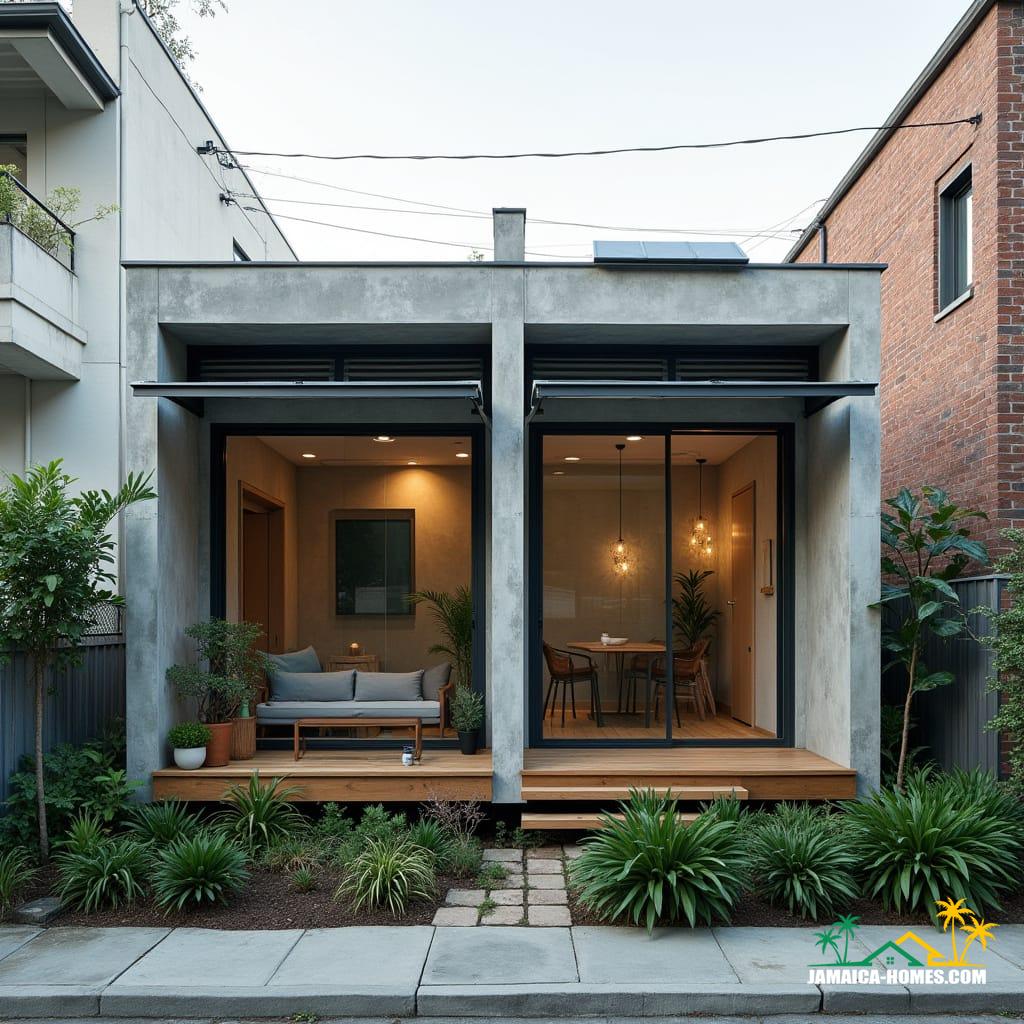 Twin Modular Urban Home
Design: Two 20-ft concrete modules side by side with shared narrow porch.
Materials: Concrete, steel, glass, timber accents.
Features: Solar panels, ventilated roof, cross-ventilation, narrow garden strip at front.
Environment: Dense city lot, neighboring buildings close by, small tropical plants in front.
Style Notes: Modern, practical, functional for small urban family or rental.