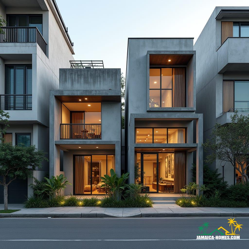 Twin Modular Urban Home
Design: Two 20-ft concrete modules side by side with shared narrow porch.
Materials: Concrete, steel, glass, timber accents.
Features: Solar panels, ventilated roof, cross-ventilation, narrow garden strip at front.
Environment: Dense city lot, neighboring buildings close by, small tropical plants in front.
Style Notes: Modern, practical, functional for small urban family or rental.