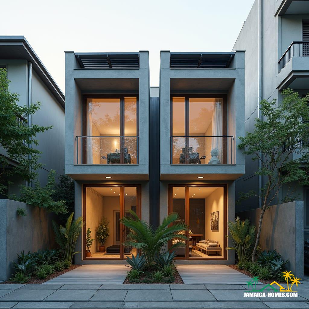 Twin Modular Urban Home
Design: Two 20-ft concrete modules side by side with shared narrow porch.
Materials: Concrete, steel, glass, timber accents.
Features: Solar panels, ventilated roof, cross-ventilation, narrow garden strip at front.
Environment: Dense city lot, neighboring buildings close by, small tropical plants in front.
Style Notes: Modern, practical, functional for small urban family or rental.