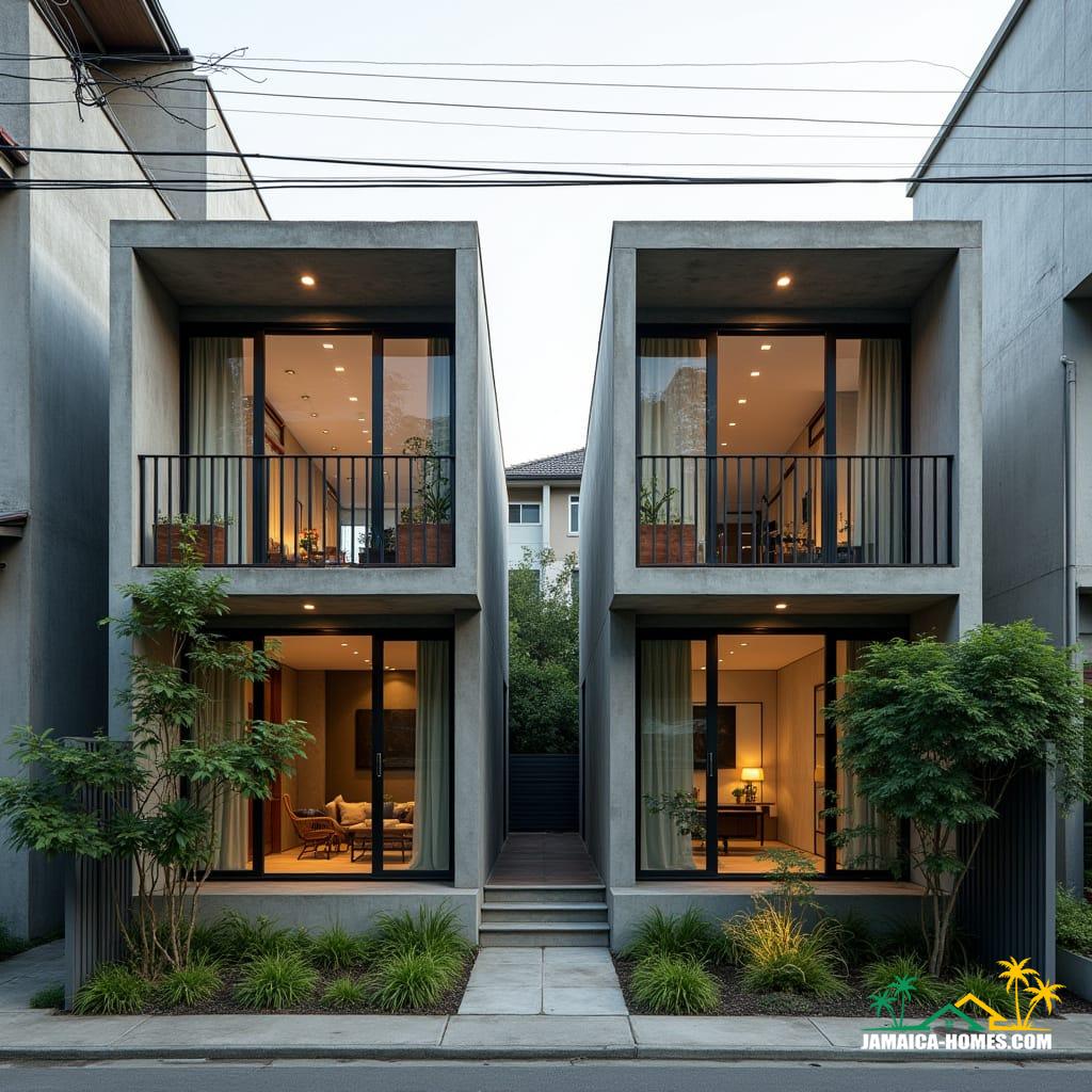 Twin Modular Urban Home
Design: Two 20-ft concrete modules side by side with shared narrow porch.
Materials: Concrete, steel, glass, timber accents.
Features: Solar panels, ventilated roof, cross-ventilation, narrow garden strip at front.
Environment: Dense city lot, neighboring buildings close by, small tropical plants in front.
Style Notes: Modern, practical, functional for small urban family or rental.